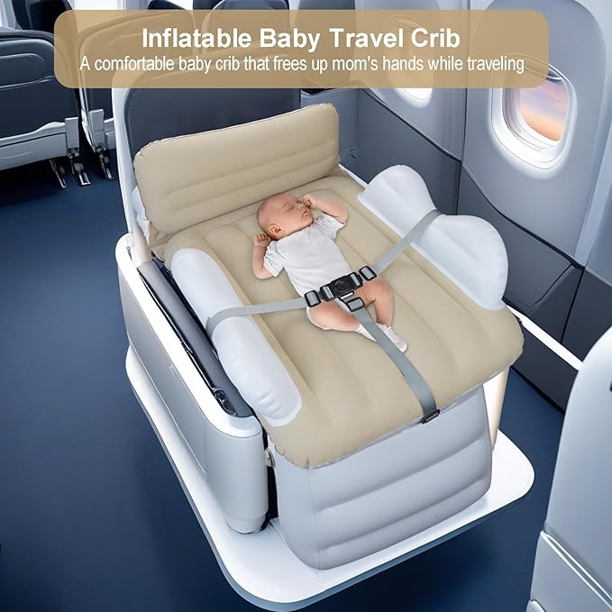 Inflatable-Toddler-Travel-Bed for Airplane Car Seat Portable Foldable Infant Travel Bed Baby Travel Crib with Sides,Hand Pump Safety Belt and Carry Bag Sets (Beige)