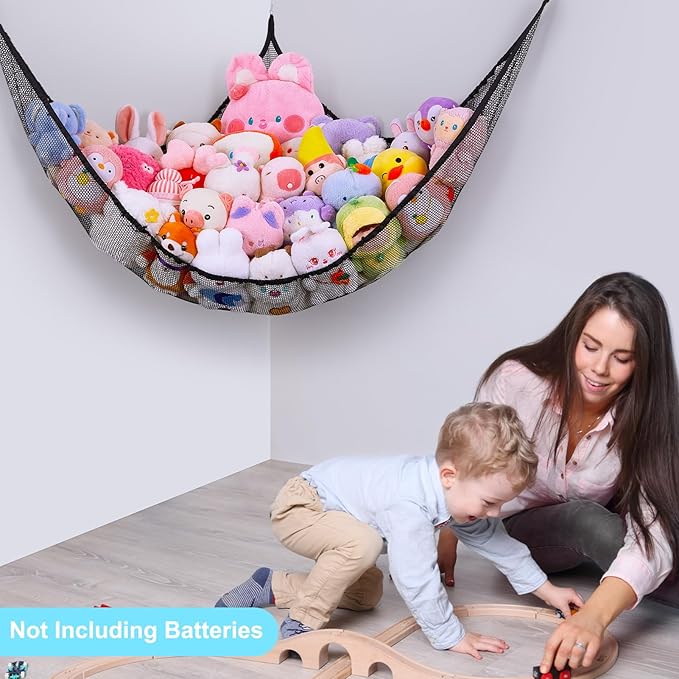 Unicorn Castle Stuffed Animals Net or Hammock Kids Toy Storage Organizer with LED Light Hanging Corner Stuffed Animals Holder Kids Girls Room Decor,Black,XL-Large-Pack of 1