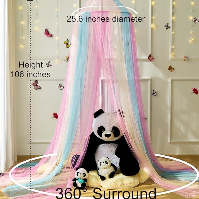 Rainbow Bed Canopy for Girls,X-Large Princess Canopy Hanging Netting Bedroom Decor for Girls Mosquito Net for Baby Crib, Twin to King Size Bed