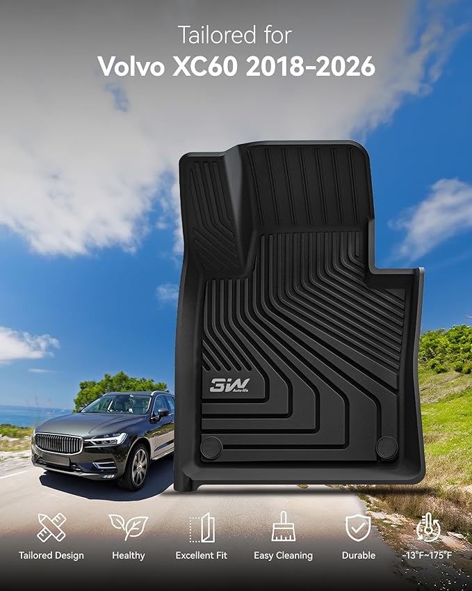 3W Floor Fit Volvo XC60 2018-2024 2025 2026 (Not for Hybrid or PHEV) TPE All-Weather Custom Fit T5 T6 Momentum Floor Liner for Volvo XC60 1st & 2nd Row Accessories Car Mats