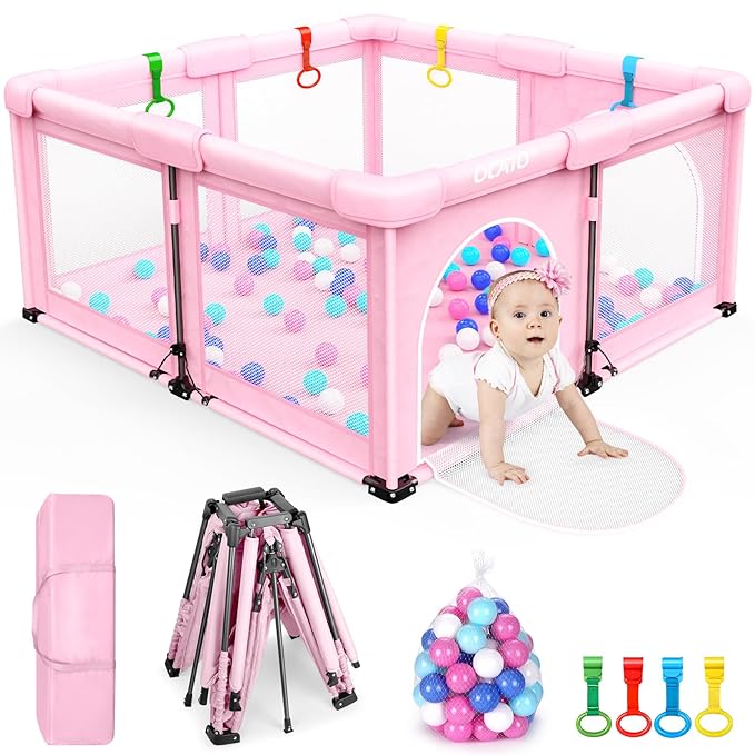 OCATO Baby Playpen: Foldable Playpen for Babies and Toddlers Large Play Pen Portable Playpen Fence Indoor Outdoor Kids Safety Area Travel Play Yard with 4 Handlers 50 Balls Baby Girl Gifts (50" × 50")