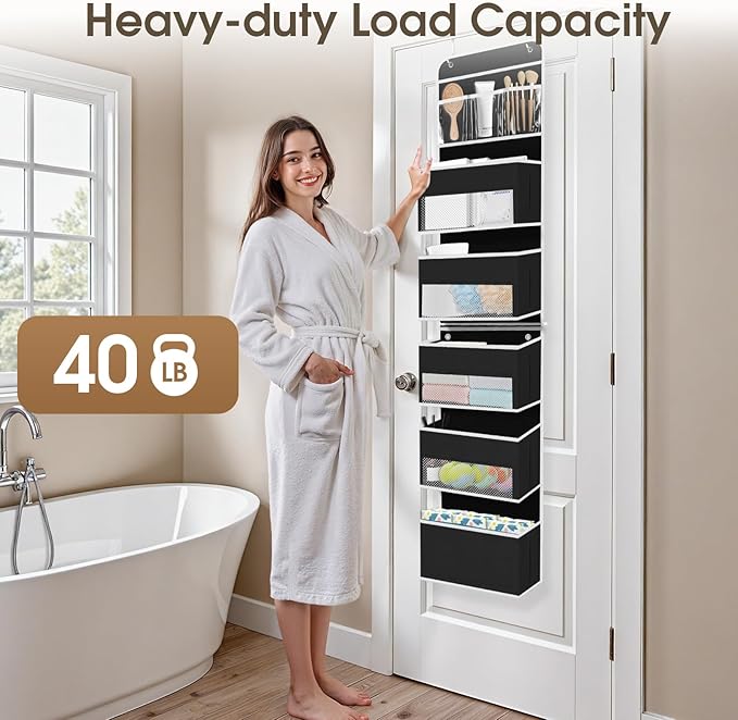 6-Tier Over The Door Organizer Hanging Storage Organizers with Clear Window 40lb Large Capacity Room Organizer for Pantry Bathroom Nursery Closet(Black)