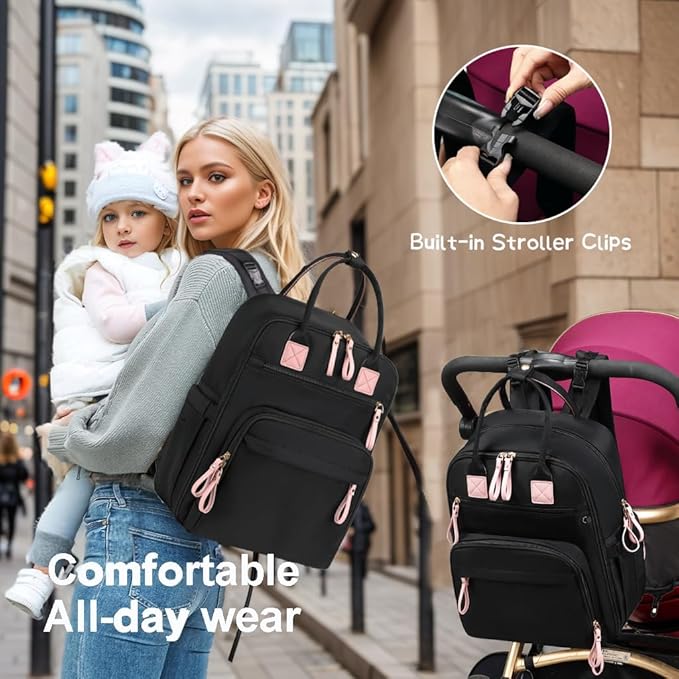 18 Pockets Diaper Bag Backpack with Waterproof Pockets and Stroller Buckle, Convertible Tote Bag (Black, Large)