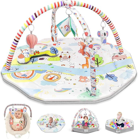 8-in-1 Baby Play Gym Mat & Tummy Time Activity Mat & Ball Pit & Soft Play Mat with 5 Detachable Toys and Tummy Time Pillow for Sensory Exploration and Motor Skill Development