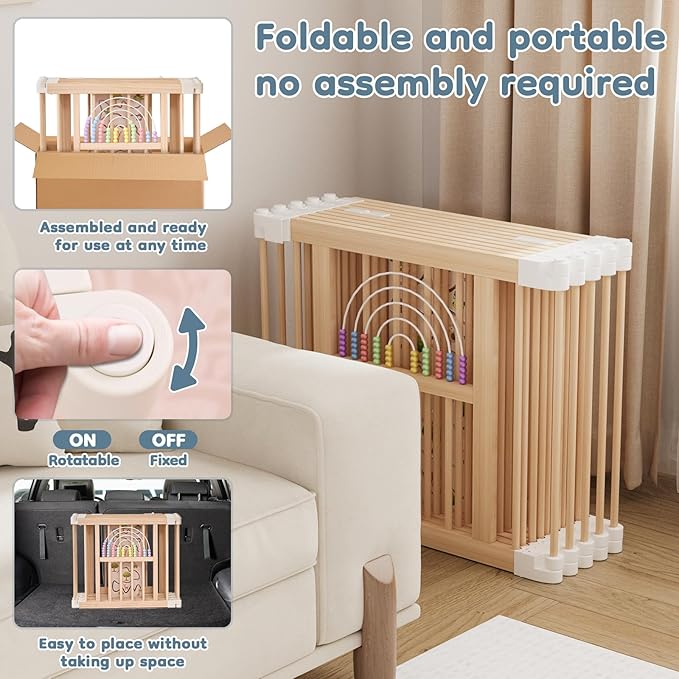 Foldable Wooden Baby Playpen Activity Center,Adjustable Size & Shape Portable Play Yard, Baby Fence Play Area with Gate for Indoor Use for Babies and Toddlers(82x55x24inches)