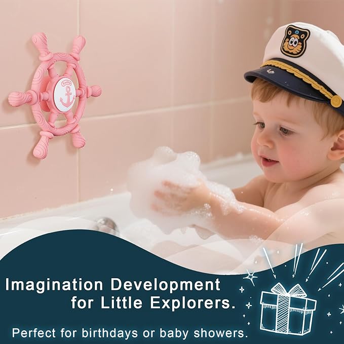 Bathtub Suction Spinner Toys - Silicone Bath & Highchair Sensory Toys for Babies & Toddlers, Novelty Spinning Top with Suction Cup, Car Window Travel Toys (Ship Steering Wheel Toy - Pink)