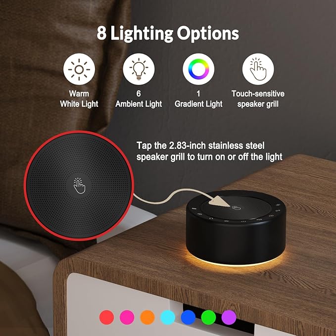 Nursery Lamp with Sound Machine, Mood Lighting, 7 Colors Night Light, 30 Soothing Sounds, White Noises for Baby, Adults. Timer, Plug in, Memory Function, Touch Control