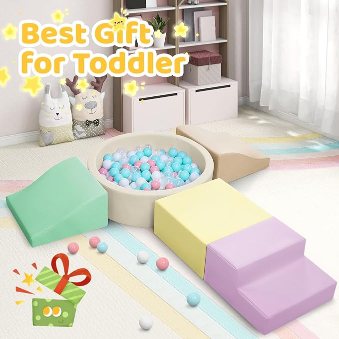 Foam Climbing Blocks for Toddler: with 4-Piece PU Leather Climbing Toys and a Ball Pit - Foam Ball Pit for Toddlers - Climbing Toys Indoor for Kids Crawling (Yellow Climbing Blocks)