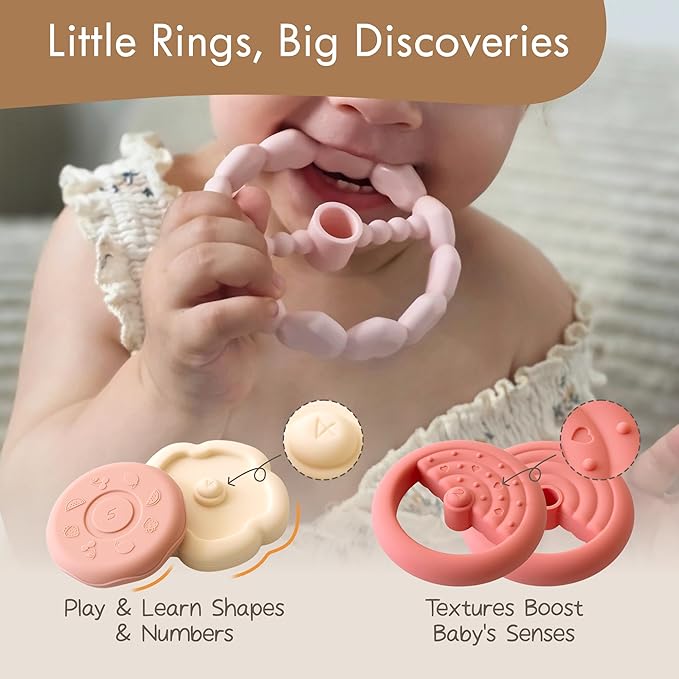Moonkie Dinosaur Baby Stacking Toys | 7-Piece Silicone Rings for Teething Relief | Educational Toy for Infants & Toddlers 6 Months+ | Baby Boy Essentials