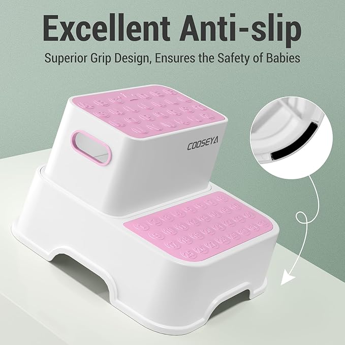 COOSEYA 2 Step Stools for Kids,Toddler Step Stool for Bathroom Sink,No-Slip Double up Stepping for Toddlers Bathroom, Multifunctional Toilet Potty Stool for Kids,Toilet Potty Training(2 Packs)（Pink）