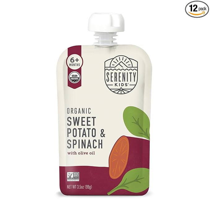 Serenity Kids 6+ Months USDA Organic Veggie Puree Baby Food Pouches - No Added Sugar or Fruit & BPA-Free & Allergen-Free - Sweet Potato & Spinach Baby Snacks - 3.5 Oz, 12 Pack