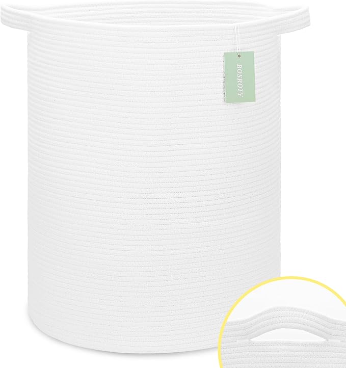 Large Laundry Hamper for Girls Boys Kids 72L, Nursery Hamper, Tall Laundry Basket, Cotton Rope Woven Blanket Basket for Storage Toys Clothes Towels, 16”x 22”, White