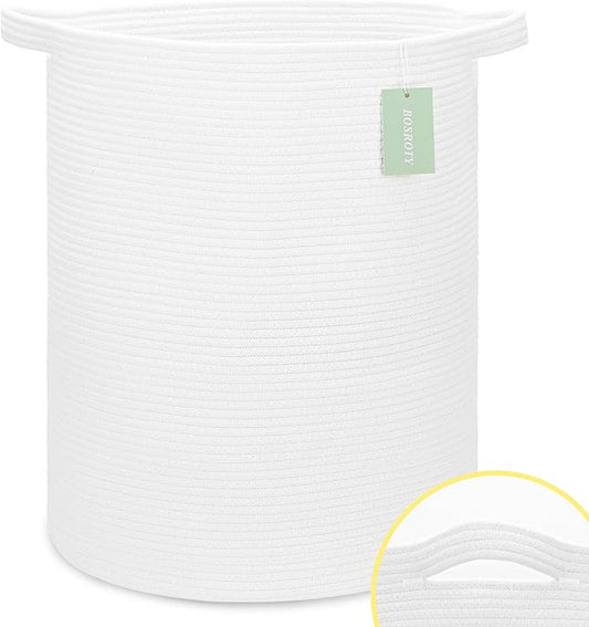 Large Laundry Hamper for Girls Boys Kids 72L, Nursery Hamper, Tall Laundry Basket, Cotton Rope Woven Blanket Basket for Storage Toys Clothes Towels, 16”x 22”, White