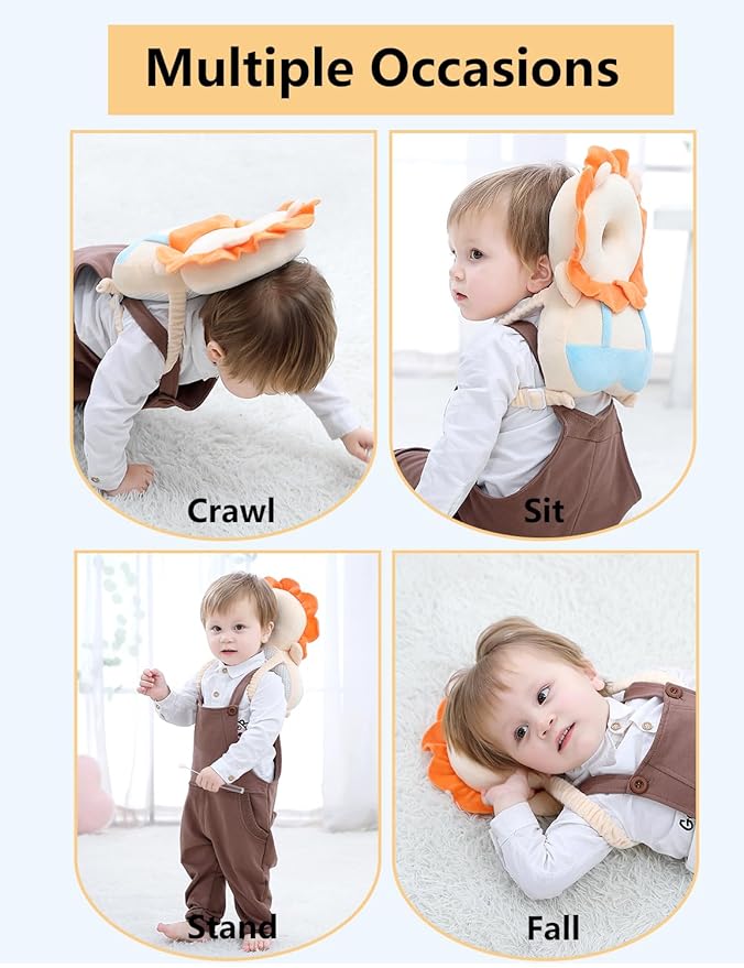 JunNeng Baby Head Protector Backpack, Toddler Walking Fall Head Protection, Yellow Lion Mesh