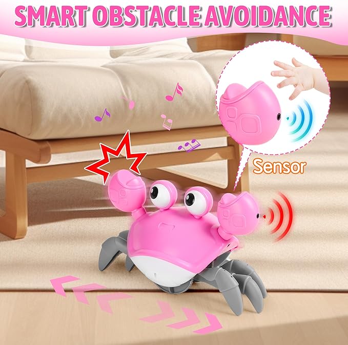Crawling Crab Baby Girl Toy: Tummy Time Toys for Infant 3 6 9 12 18 24 36 Months, Pink Walking Dancing Sensing Crab for Toddler Age 1 2 3, 1st Music Birthday Gift for Girl, Christmas Stocking Stuffers