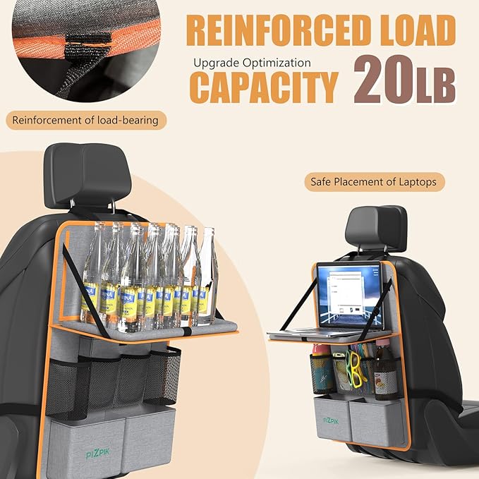 Car Backseat Organizer with Tablet Holder,11 Storage Pockets with Foldable Food Tray, Protector Kick Mats for Kids, Travel Accessories Organizer (Orange, 2Pack)