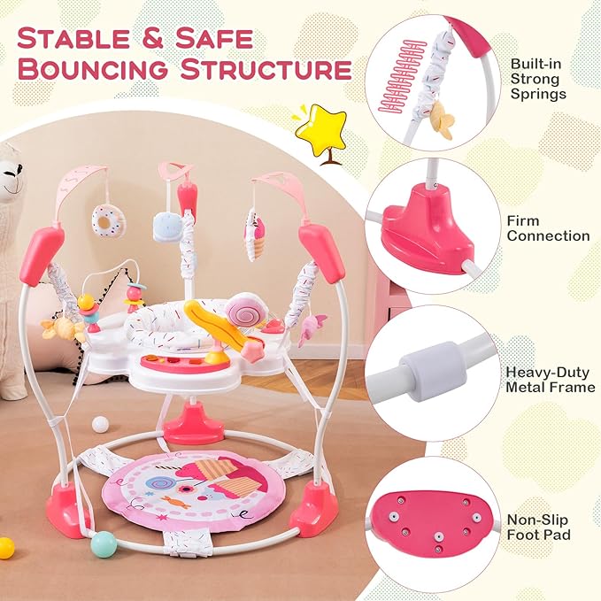 BABY JOY Baby Jumpers and Bouncers, Infant Activity Center with Music Lights Sounds, 360° Rotating Seat and 3 Adjustable Heights, Baby Play and Learning Center for 6-12 Months