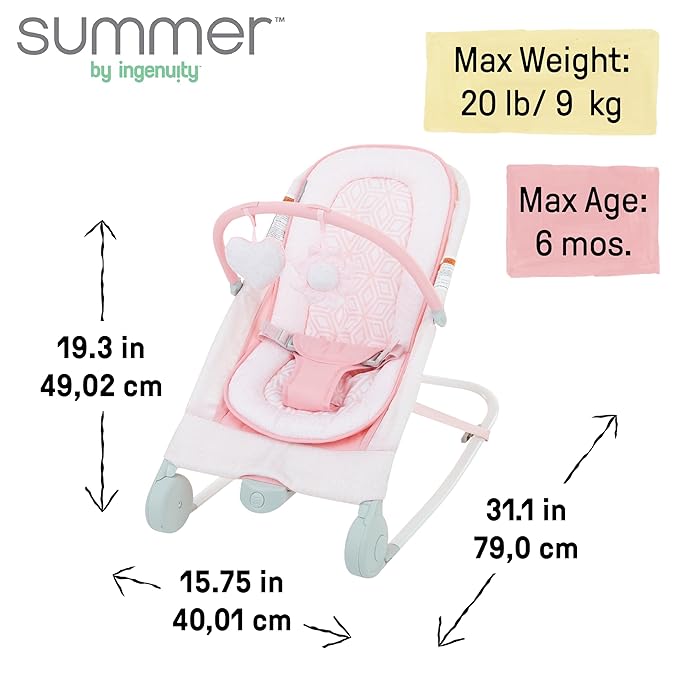 Summer Infant 2-in-1 Bouncer & Rocker Duo (Pink) Convenient and Portable Rocker and Bouncer for Babies Includes Soft Toys and Soothing Vibrations