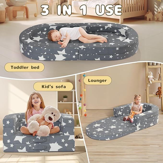 Travel Toddler Bed, 3-in-1 Portable Foldable Toddler Chair,Soft Foam Floor Bed Lounger with Washable Cover,Star