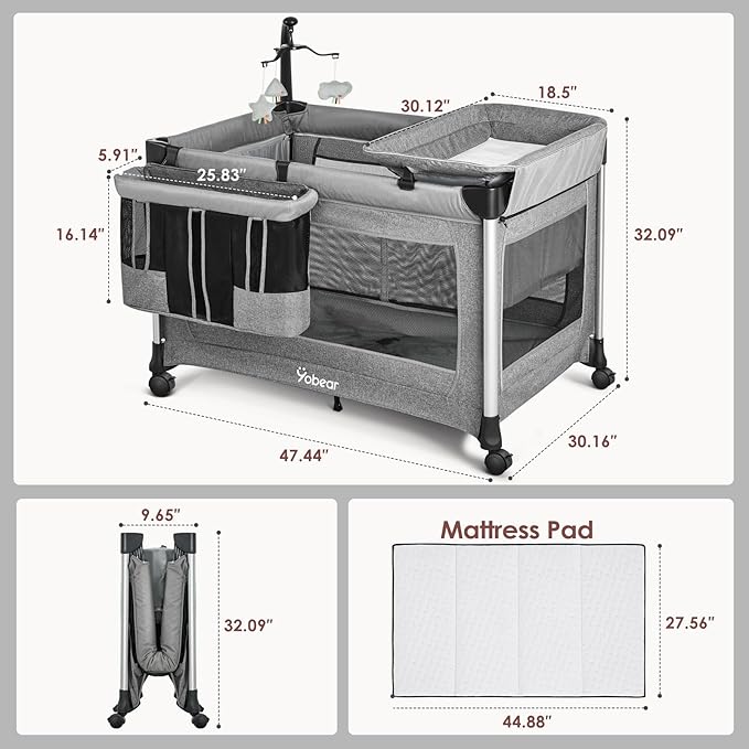 4-in-1 Baby Bassinet with Mattress - One-Push Setup Playard - Bedside Crib with Diaper Changer from Newborn to Toddler (Grey)