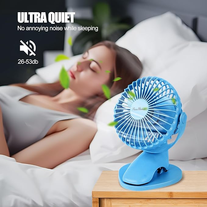 Portable Clip Fan Battery Operated,3 Speeds USB Rechargeable Mini Table Fan with Strong Airflow,360°Rotation Ultra Quiet Personal Desk Fan for Home Office Bedroom Dorm Stroller Camping - Blue