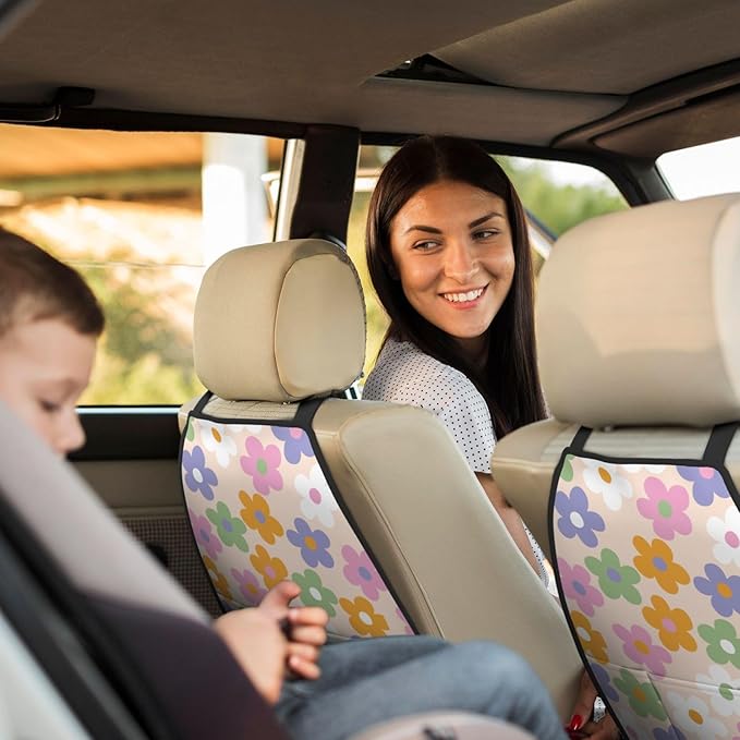 Cute Flowers Floral Car Seat Back Kick Protectors,2 Pack Kick Mats with Storage Pockets for Vehicles to Protect from Dirt, Mud & Scratches