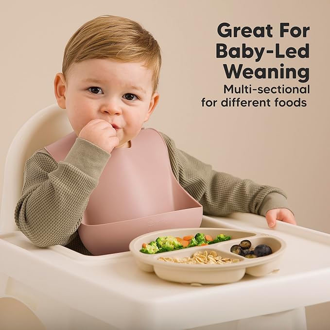 KeaBabies Suction Plates with Lids for Baby - 3-Pack 100% Silicone Toddler Plates with Suction, Divided, BPA-Free Baby Led Weaning Essentials for Kids, Dishwasher, Microwave Safe, Durable (Forest)