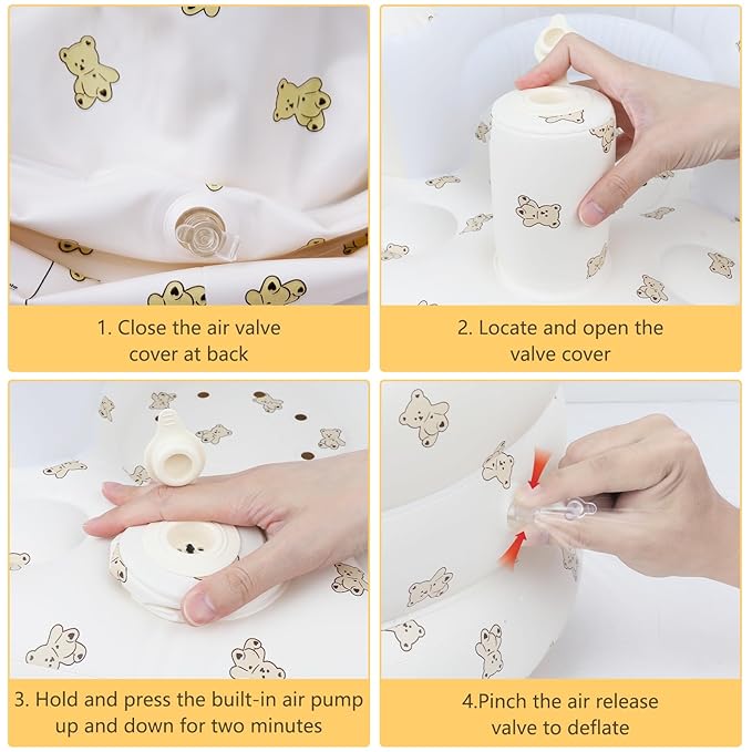 Inflatable Baby Seat with Harness for Babies 3 Months & Up, Baby Floor Chair for Sitting Up, Baby Seats for Infants, Blow Up Baby Chair with Built in Air Pump - Bear