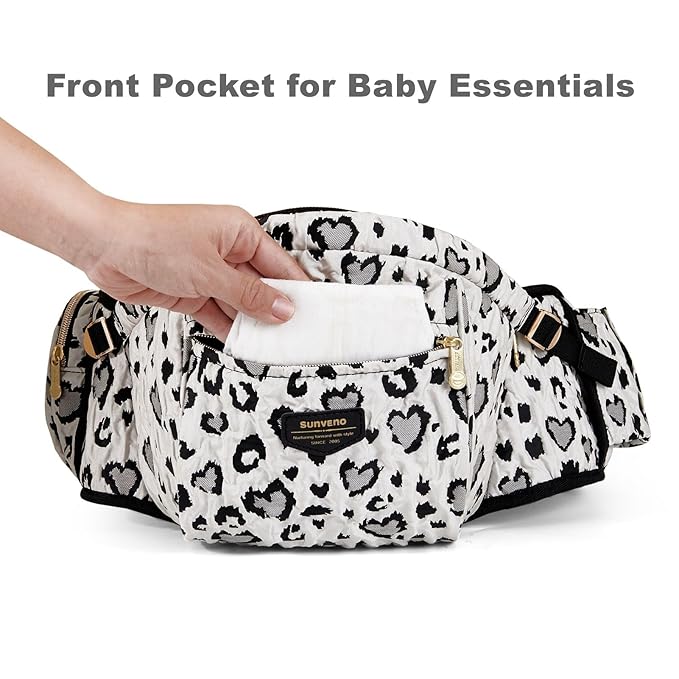 Sunveno Hip Baby Carrier with Seat,Ergonomic Baby Hip Carrier, Front-Facing Baby Holder, Anti-Slip Seat Surface, Wide and Adjustable Waistband,Multiple Pockets, Newborn to Toddler up to 45lbs,Leopard