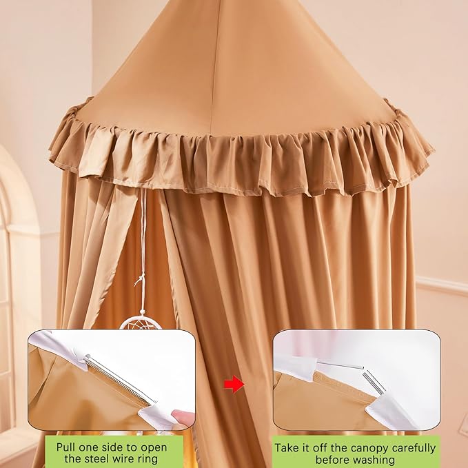 Akiky Kids Bed Canopy for Crib & Twin Size with Ruffles Dreamcatcher, Boys Princess Girls Nursery Room Decor Toddler Baby Dome Round Hanging Tent Curtains Skirt Over Bed Reading Nook Play Nougat
