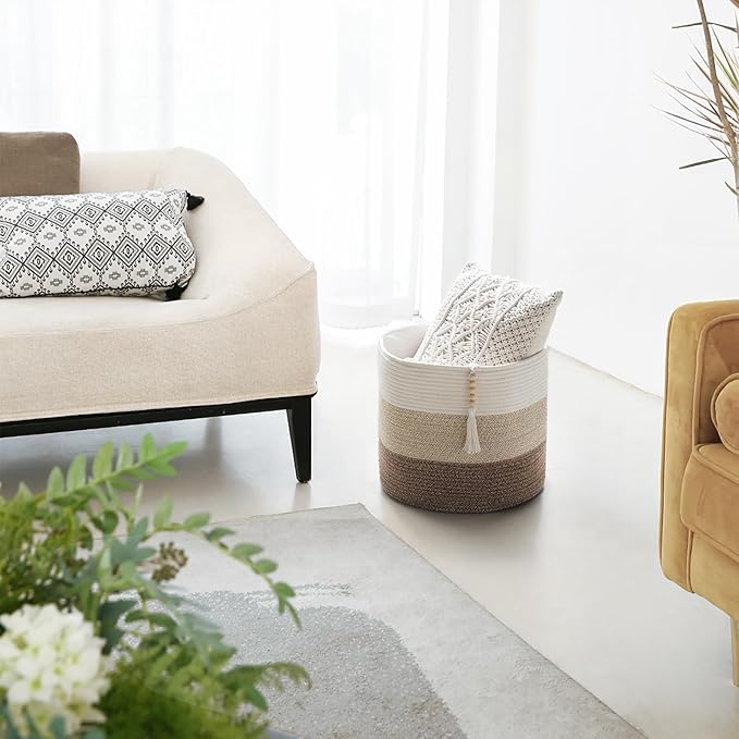 Mkono Woven Storage Basket Decorative Natural Rope Basket Wooden Bead Decoration for Blankets,Toys,Clothes,Shoes,Plant Organizer Bin with Handles Living Room Home Decor, 16"W × 13.8"L