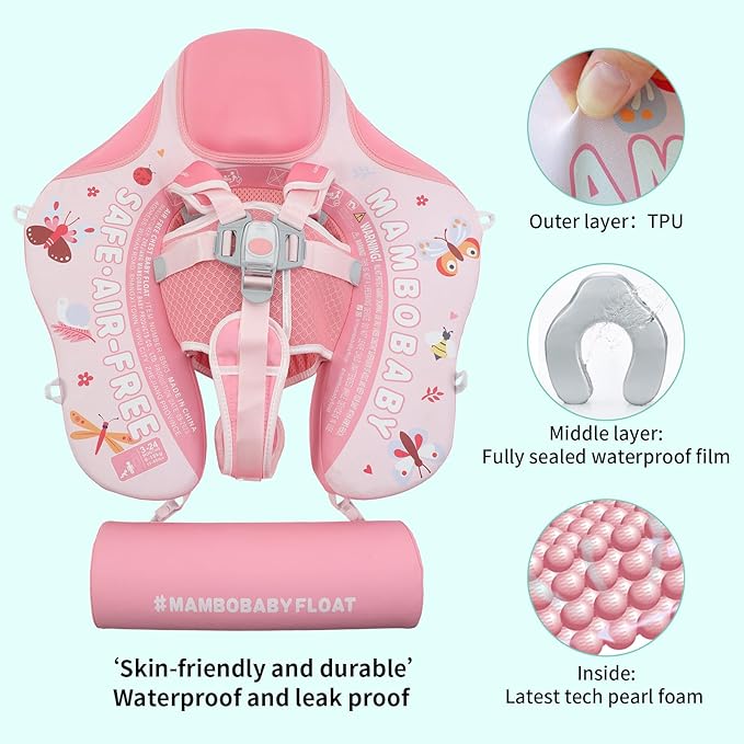 Mambobaby Float with Canopy and Tail New Upgraded Non-Inflatable Baby Pool Float Mambo Float Swim Trainer Solid Infant Swim Float Adjustable Pearl Foam Baby Swim Ring