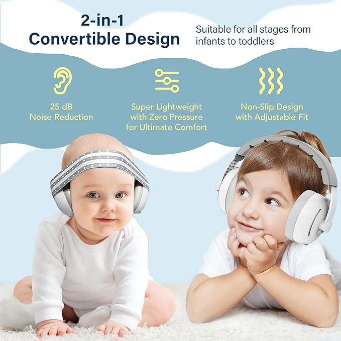 2-in-1 Baby Ear Muffs for Hearing Protection, Noise Cancelling Earmuffs for Babies and Toddlers up to 48 Months