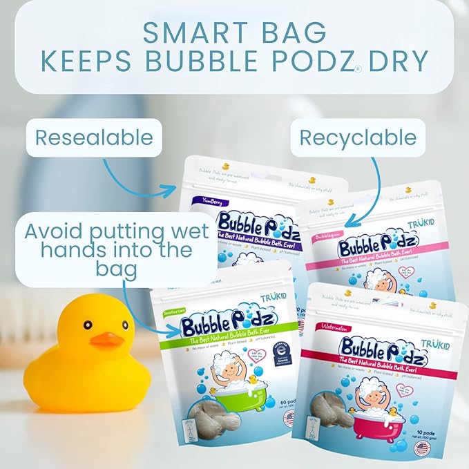 TruKid Bubble Podz Bubble Bath for Kids, Toddlers, & Babies, Tear Free Gentle & Refreshing Bath Bomb for Sensitive Skin with Natural Moisturizers, Non-Toxic, pH Balanced, Eucalyptus Scent (24 Podz)