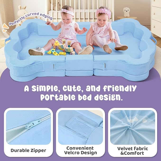 Foldable Portable Toddler Travel Bed,Toddler Floor Bed with Washable Cover for Kids,Soft and Safe (Blue)