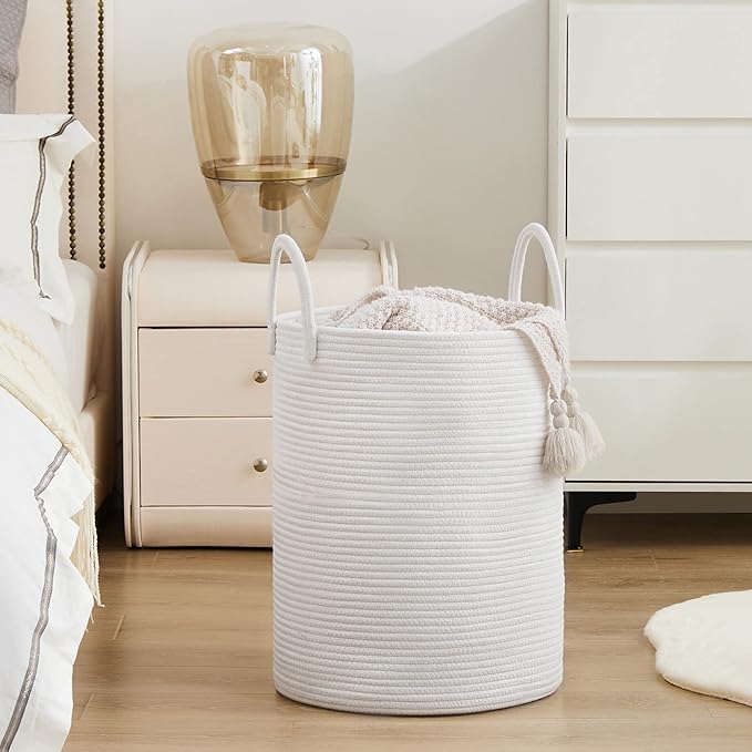 Woven Rope Laundry Hamper Basket by YOUDENOVA, 58L Tall Laundry Basket, Baby Nursery Hamper for Blanket Storage, Clothes Hamper for Laundry in Bedroom-Large-Pure White