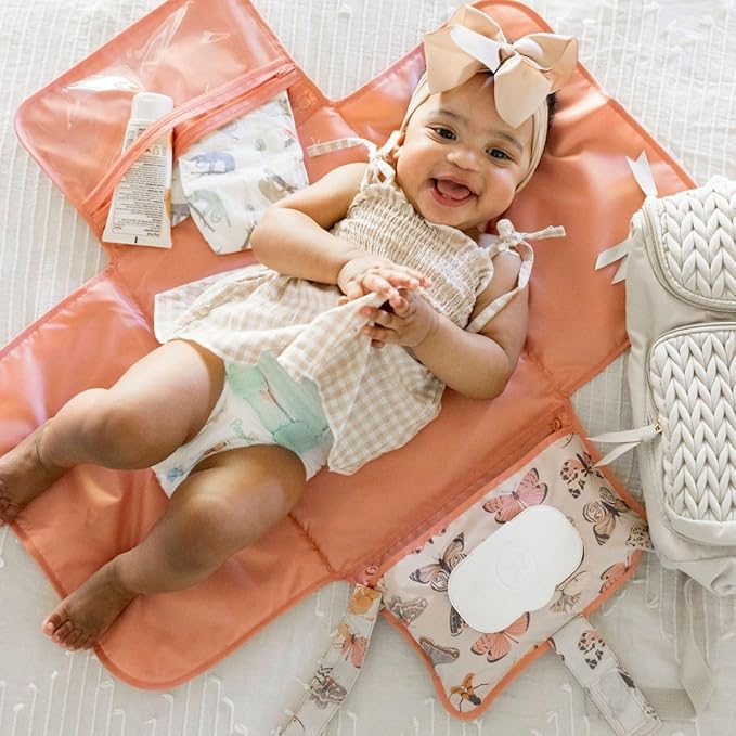 Tiny Twinkle Portable Diaper Changing Pad – Foldable, Waterproof & Compact Travel Changing Mat with Storage | Smart Wipes Pocket for On-The-Go Parents(Flutter)