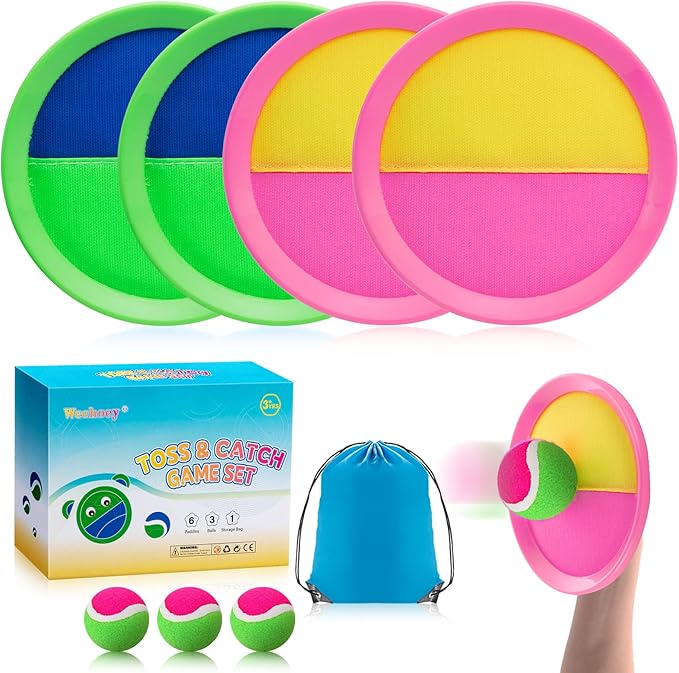 Beach Toys - Outdoor Games for Kids, Toss and Catch Ball Set with 4 Paddles 3 Balls, Toys for 3 4 5 6 7 8+ Year Old Boys Girls Christmas Birthday Gifts (Pink and Green)