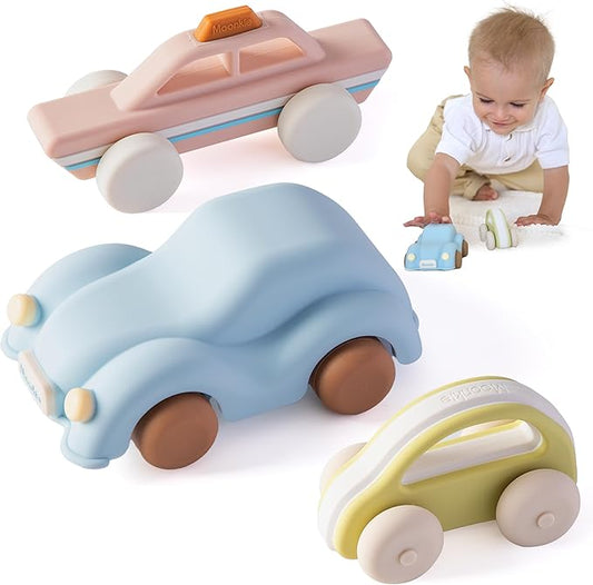 Moonkie Food Grade Silicone Toy Cars for Toddlers 1-3, Push and Go Baby Car Toys 6-12 Months+, One-Piece Design Infant Toys, Birthday Gifts for 1 Year Old Boy Girl, Easy to Clean & Grasp, 3 Pack
