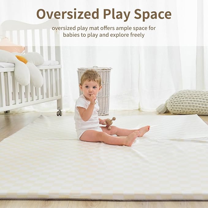 Large Vegan Leather Baby Play Mat for Floor,1.3"Thick Foam 59x82 Foldable Waterproof Kids Play Mat,Stylish and Just Wipe-Clean Playmat for Baby Play on Floor (Beige Checker)
