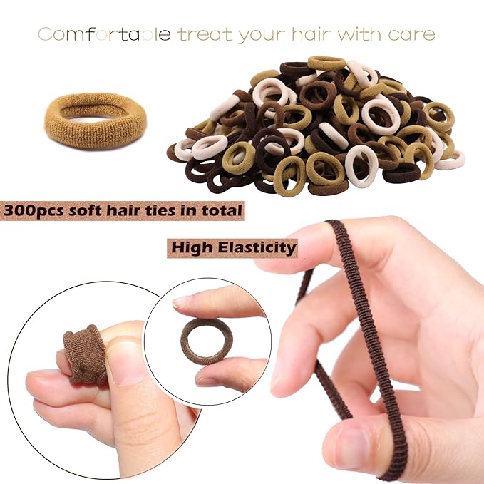 WillingTee Baby Hair Ties,300PCS Nylon Toddler Hair Ties for Girls, Kids Seamless Hair Bands, Girls Elastic Ponytail Holders,Brown