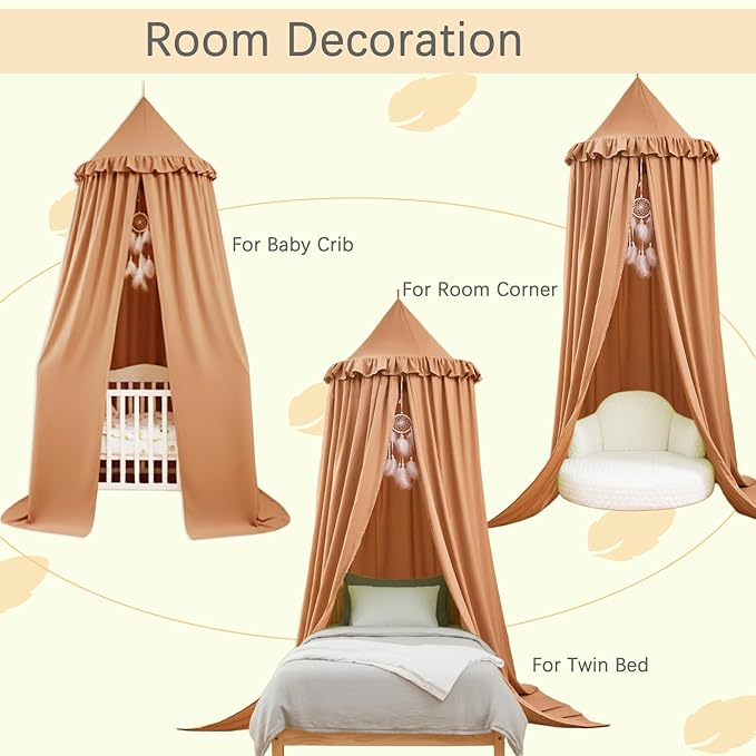 Akiky Kids Bed Canopy for Crib & Twin Size with Ruffles Dreamcatcher, Boys Princess Girls Nursery Room Decor Toddler Baby Dome Round Hanging Tent Curtains Skirt Over Bed Reading Nook Play Nougat