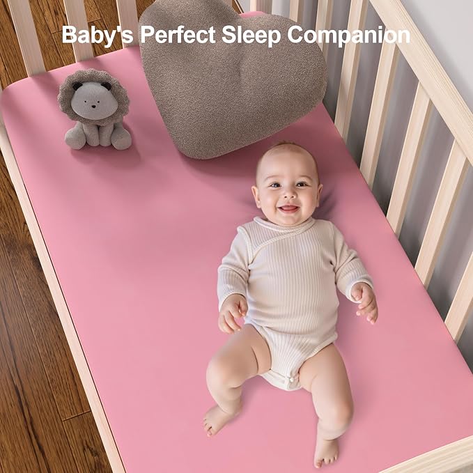 Pack N Play Sheets Fitted, 2-Pack Fit for Standard Pack N Play Mattress, Mini Crib Sheets,Breathable Soft Unisex Playard Sheets (Pink Rainbow & Pink)