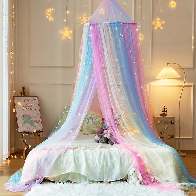 Rainbow Bed Canopy with Warm Fairy Lights,X-Large Princess Canopy Hanging Netting for Girls Bedroom Decor,Kids Fairy Dream Play Tent for Room,Reading Corner