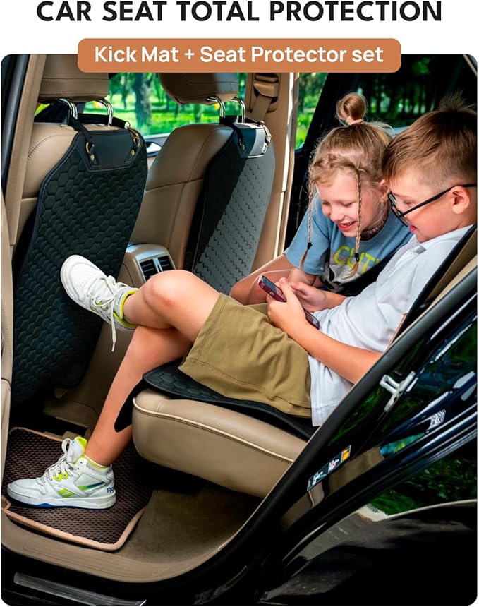 Owleys Car Seat Protector Set - Black, Waterproof & Non-Slip, Kick Mat & Back Seat Protection