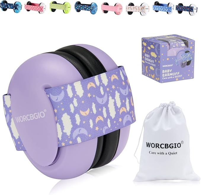 Infant Ear Protection Noise Cancelling Baby Ear Muffs, Toddler Hearing Protection with Adjustable Elastic Headband (Moon,Purple