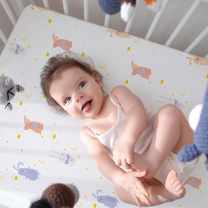 Plushii 4 Pack Fitted Crib Sheets for Baby Girls, 28"x 52" Extra Soft Microfiber Crib Sheet Set for Standard Crib & Toddler Mattress Pad, Rabbit & Moon & Bunny & Pink