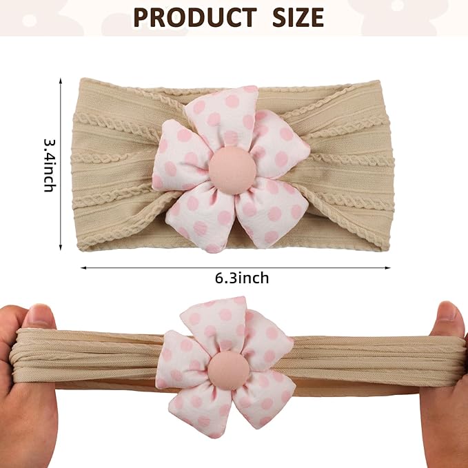3 Pcs Baby Flower Headbands Baby Girls Nylon Headband Soft Hairbands Hair Accessories for Newborn Infant Toddler Kids (Khaki Brown Pink)