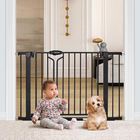 Beberoad Love Double Door Baby Gate for Stairs and Doorways, Pressure Mounted Dog Pet Gate, Extra Wide 37.4"-48.26" Auto-Close Walk Thru Baby Pet Safety Gate, Includes 2-Pack Extension Kit No Drilling