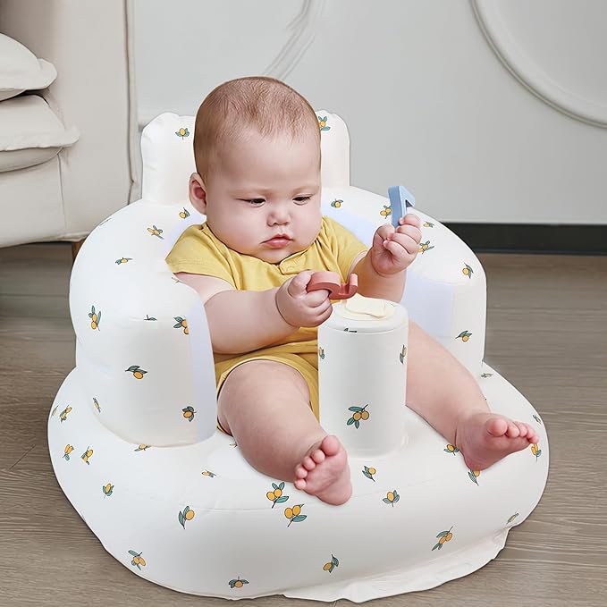 Inflatable Baby Seat for Babies 3 Months & Up, Infant Floor Seats for Sitting Up, Baby Seats for Infants, Blow Up Baby Chair with Built in Air Pump - Olive Flower